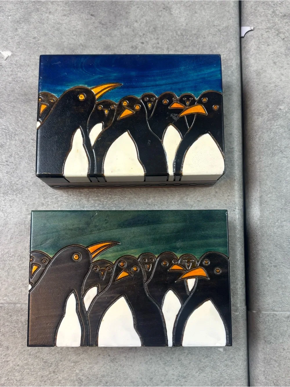 Lot Of 2 Penguins Wooden Box Polish Handmade Poland Wood Keepsake